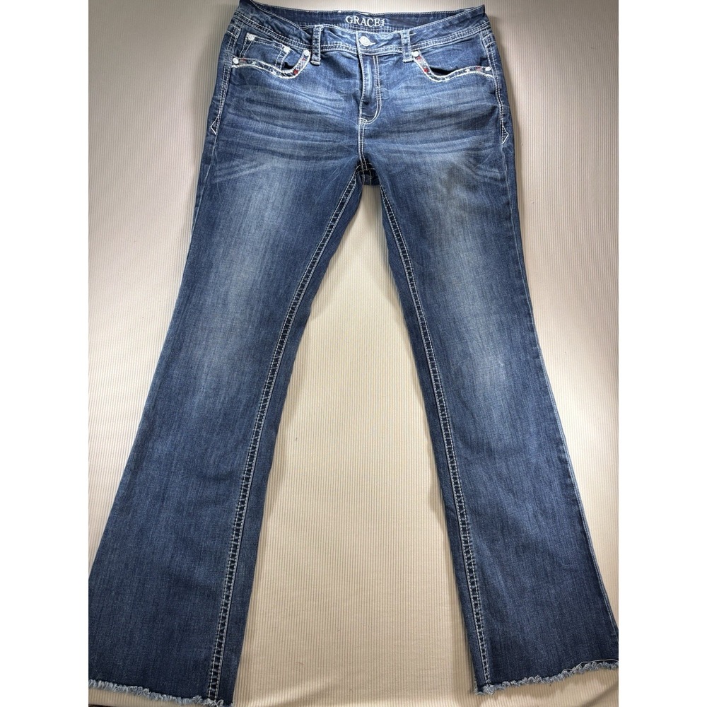 Grace in LA Embellished Patriotic Feather Pocket‎ Jeans 32 Bootcut Y2K Raw Hem